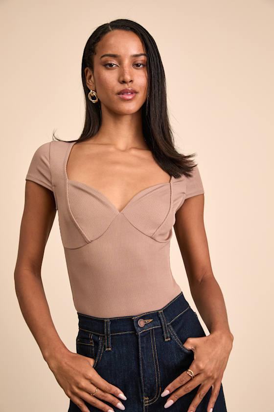 Jacqueline Taupe Ribbed Knit Short Sleeve Bodysuit Product Image