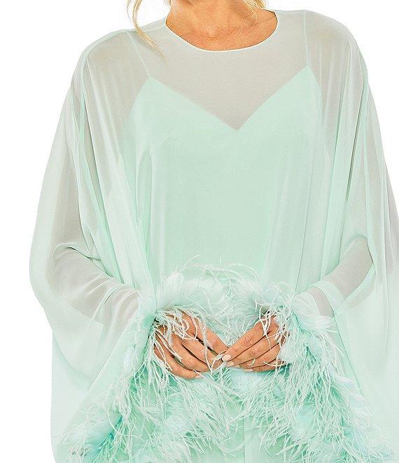 Mac Duggal Crew Neck Long Sleeve Feather Trim Cape Overlay Mini Dress Product Image