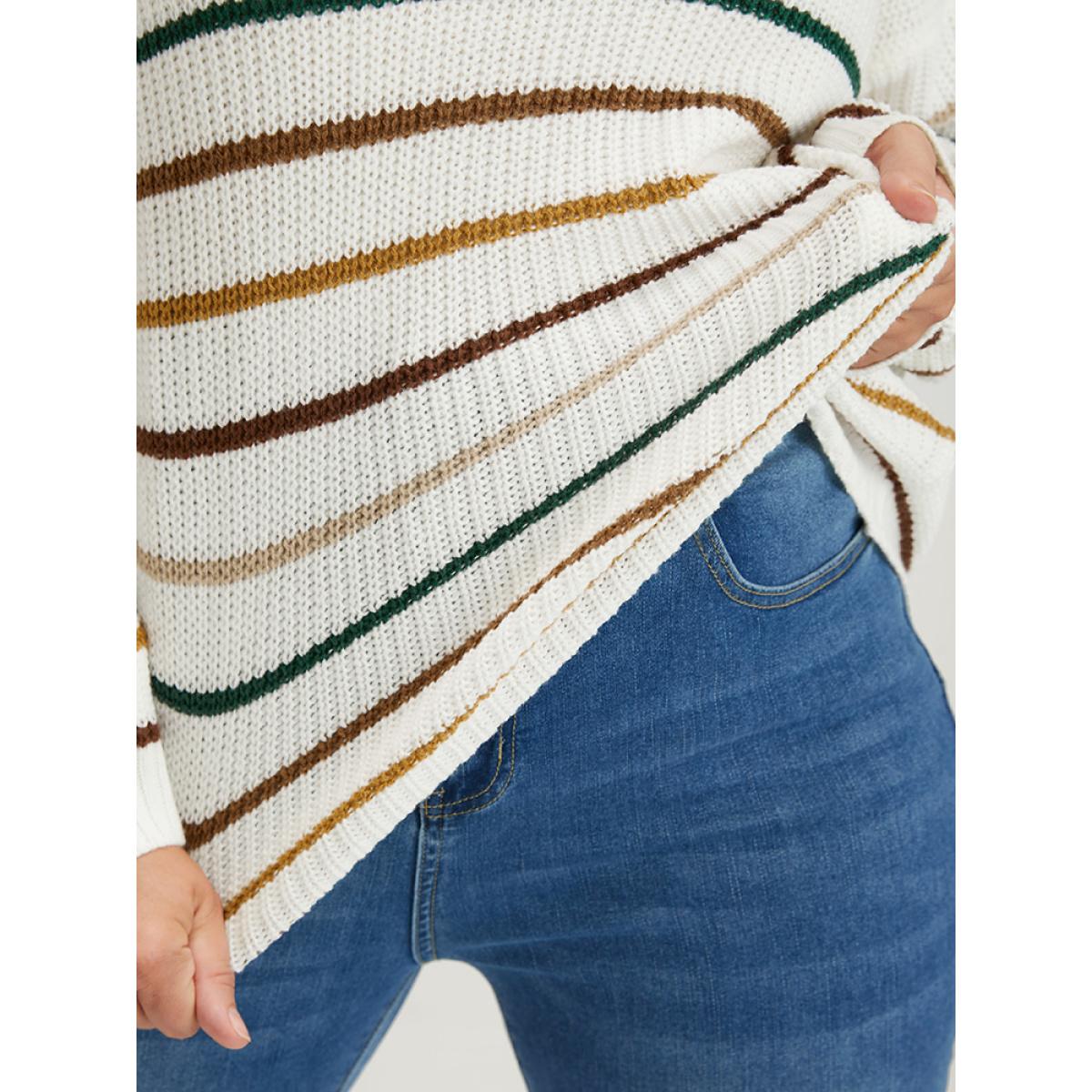 Plus Size Striped Contrast Pointelle Knit V Neck Knit Top White Women Elegant Loose Long Sleeve V-neck Dailywear Pullovers BloomChic 18-20/2X Product Image