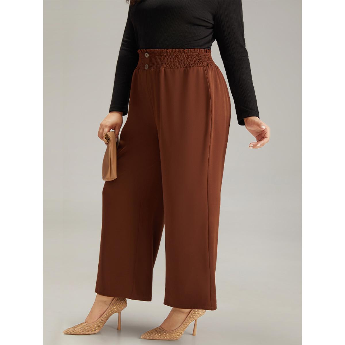 Plus Size Paperbag Waist Button Detail Shirred Pants Women Rust Office Wide Leg High Rise Work Pants BloomChic 10/M Product Image