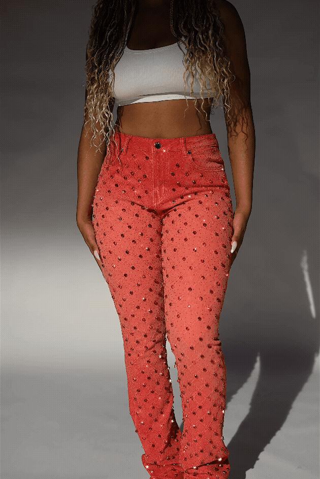 Sareka Red Rhinestone Stacked Flare Jean Female Product Image