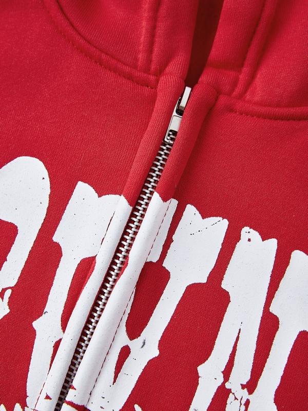 Red Vintage Print Zip Up Oversized Hoodie Product Image
