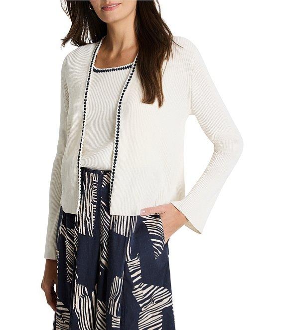 NIC + ZOE Rib Knit Novelty Trim Open Front Long Sleeve Cardigan Product Image