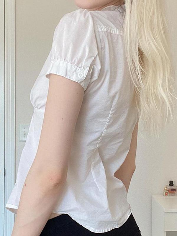 Ruffled Wooden Earring Short Sleeves Shirts Product Image