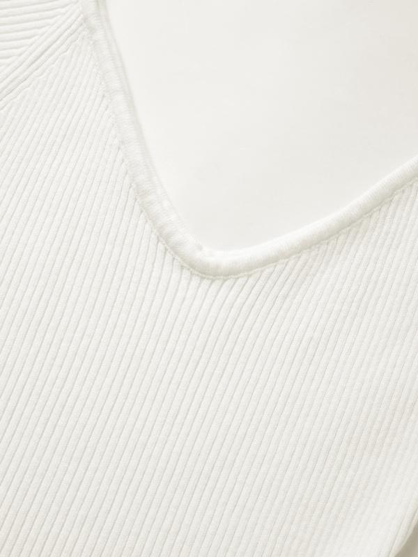 Solid V Neck Ribbed A-line Knit Mini Dress Product Image