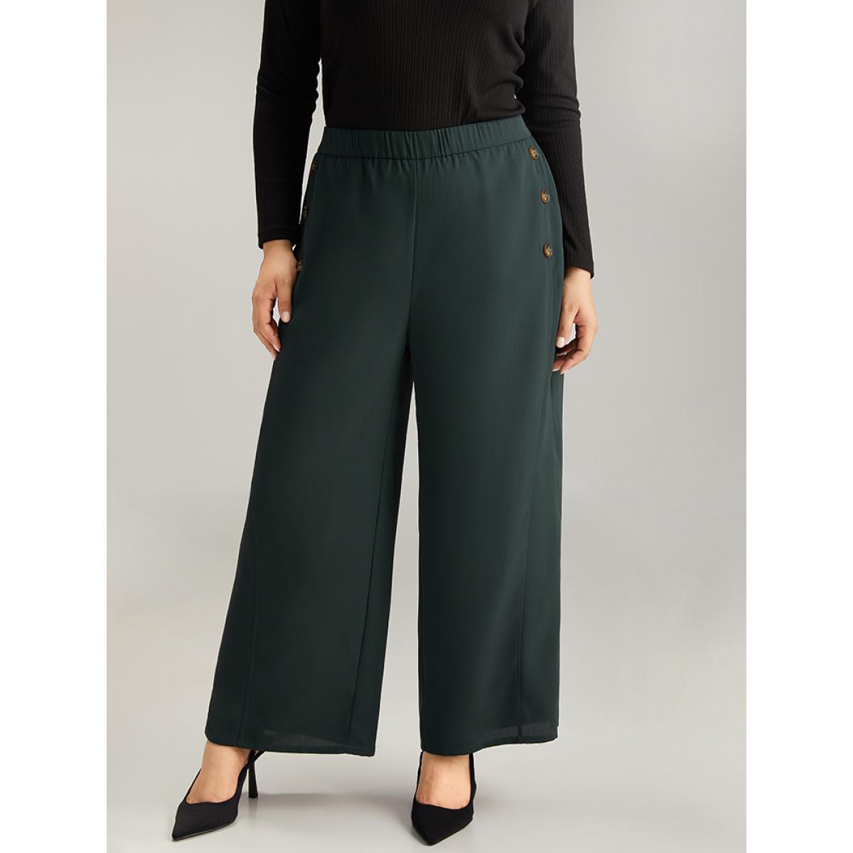 Plus Size Anti-Wrinkle Plain Button Detail Wide Leg Pants Women DarkGreen Office Wide Leg High Rise Work Pants BloomChic 14-16/1X Product Image