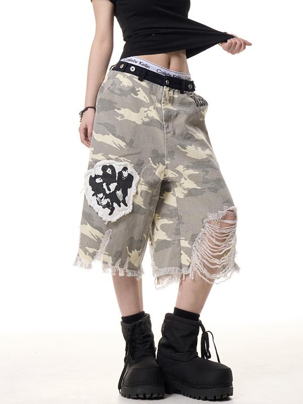 Vintage Camouflage Ripped Patch Denim Shorts Product Image