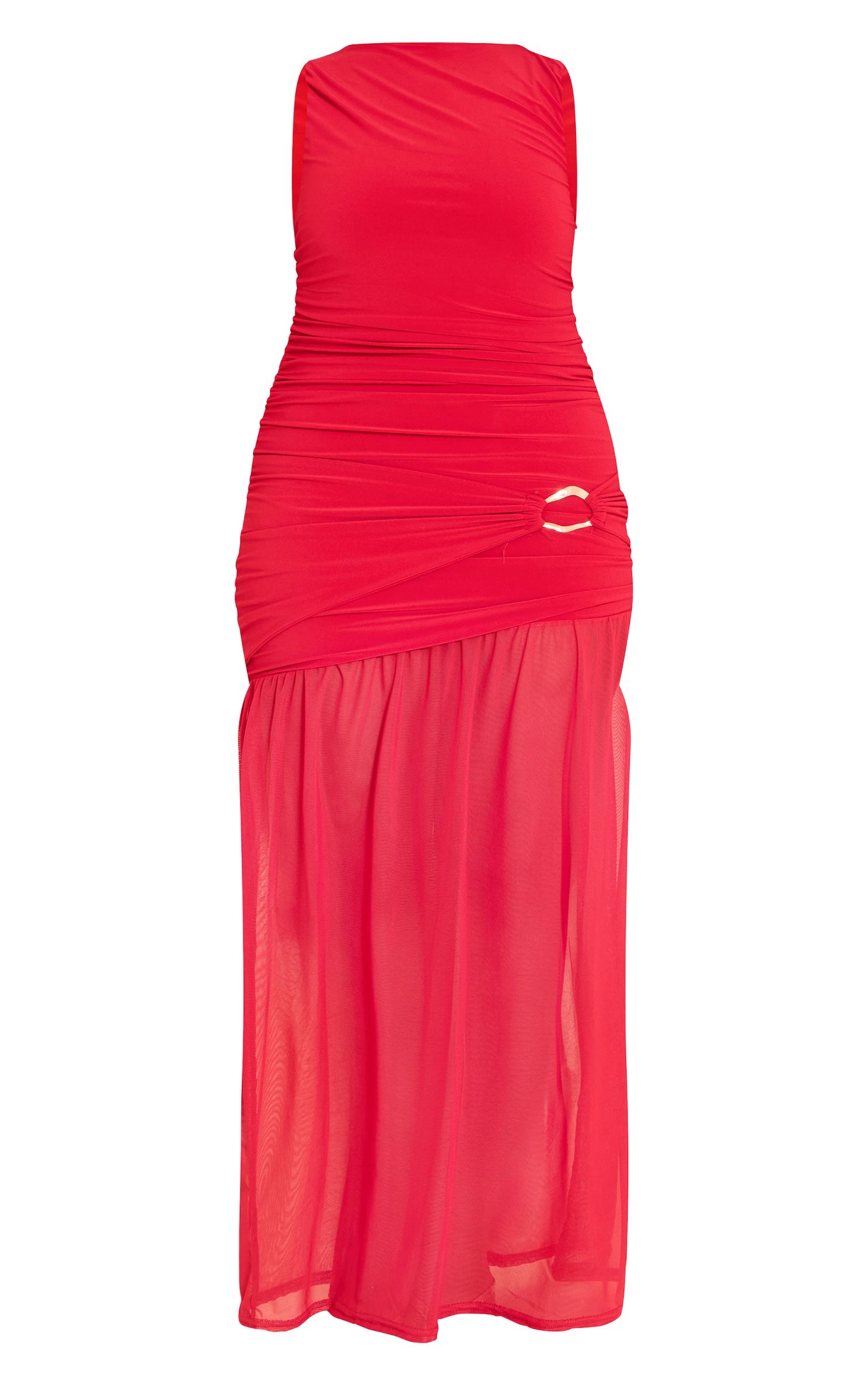 Shape Red Boat Neck Ruched Dropped Hem Maxi Dress Product Image