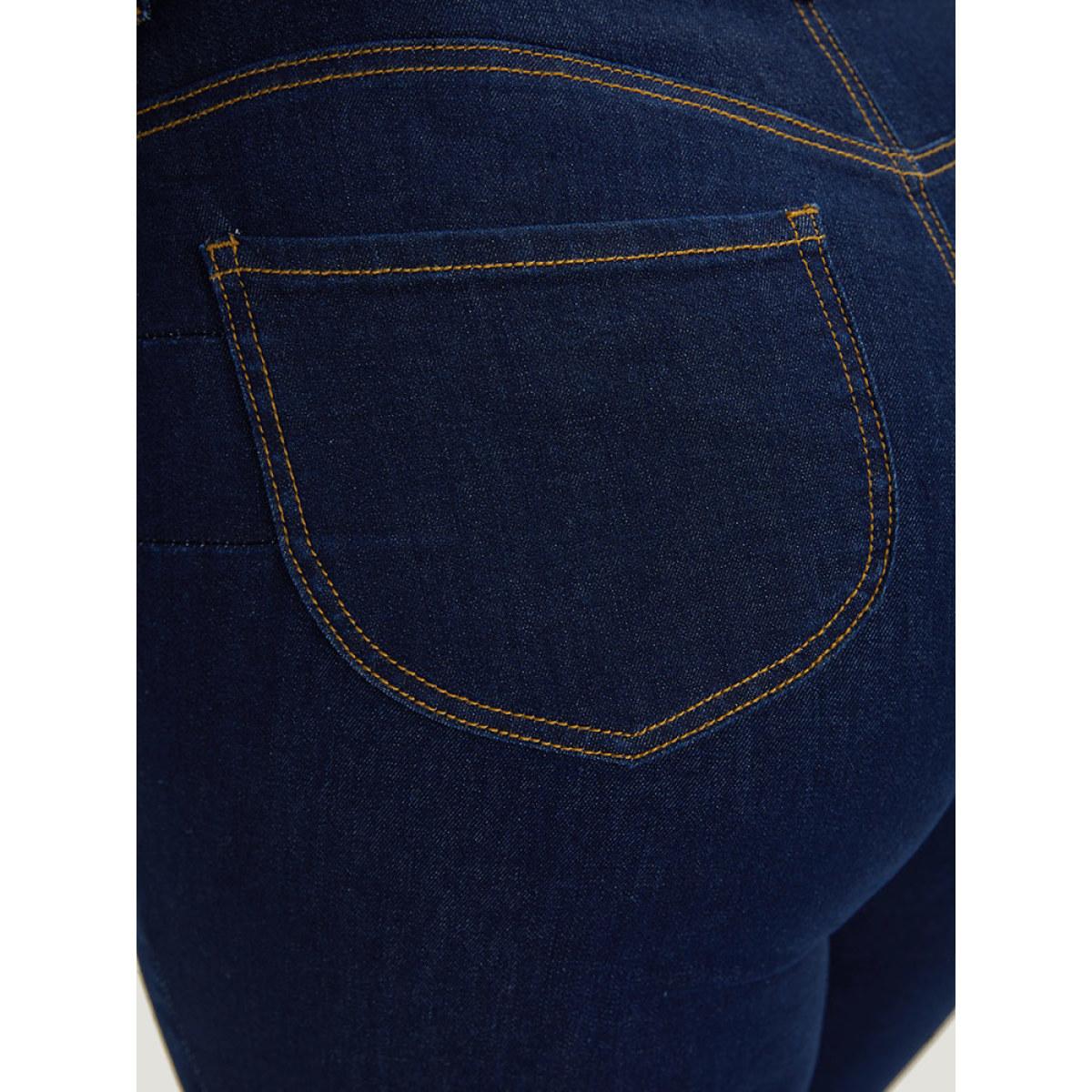 Plus Size Plain Stitch Patched Pocket Jeans Women DarkBlue Casual Plain Plain High stretch Pocket Jeans BloomChic 14/1X Product Image
