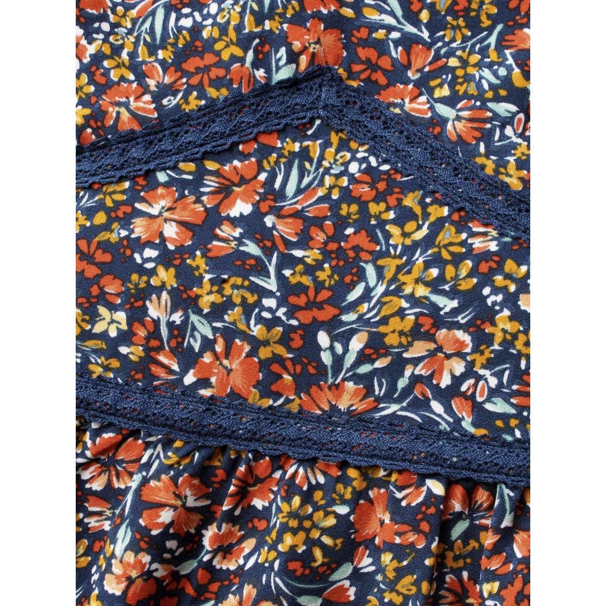 Plus Size Indigo Ditsy Floral Woven Ribbon Gathered Blouse Women Elegant Long Sleeve Heart neckline Everyday Blouses BloomChic 22-24/3X Product Image