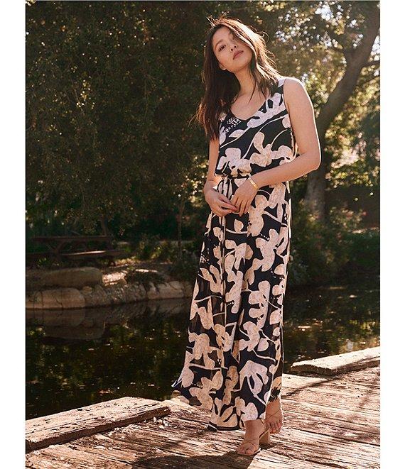 NIC + ZOE Water Lilies Print Woven Bianca V-Neck Sleeveless Belted Maxi Dress Product Image