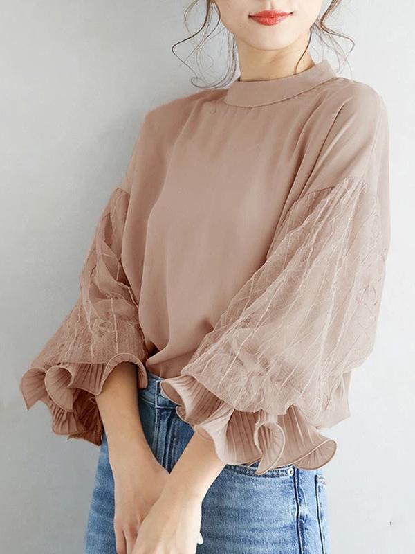 Simple Solid Color Puff Sleeve Mesh Splicing Chiffon Shirt Product Image