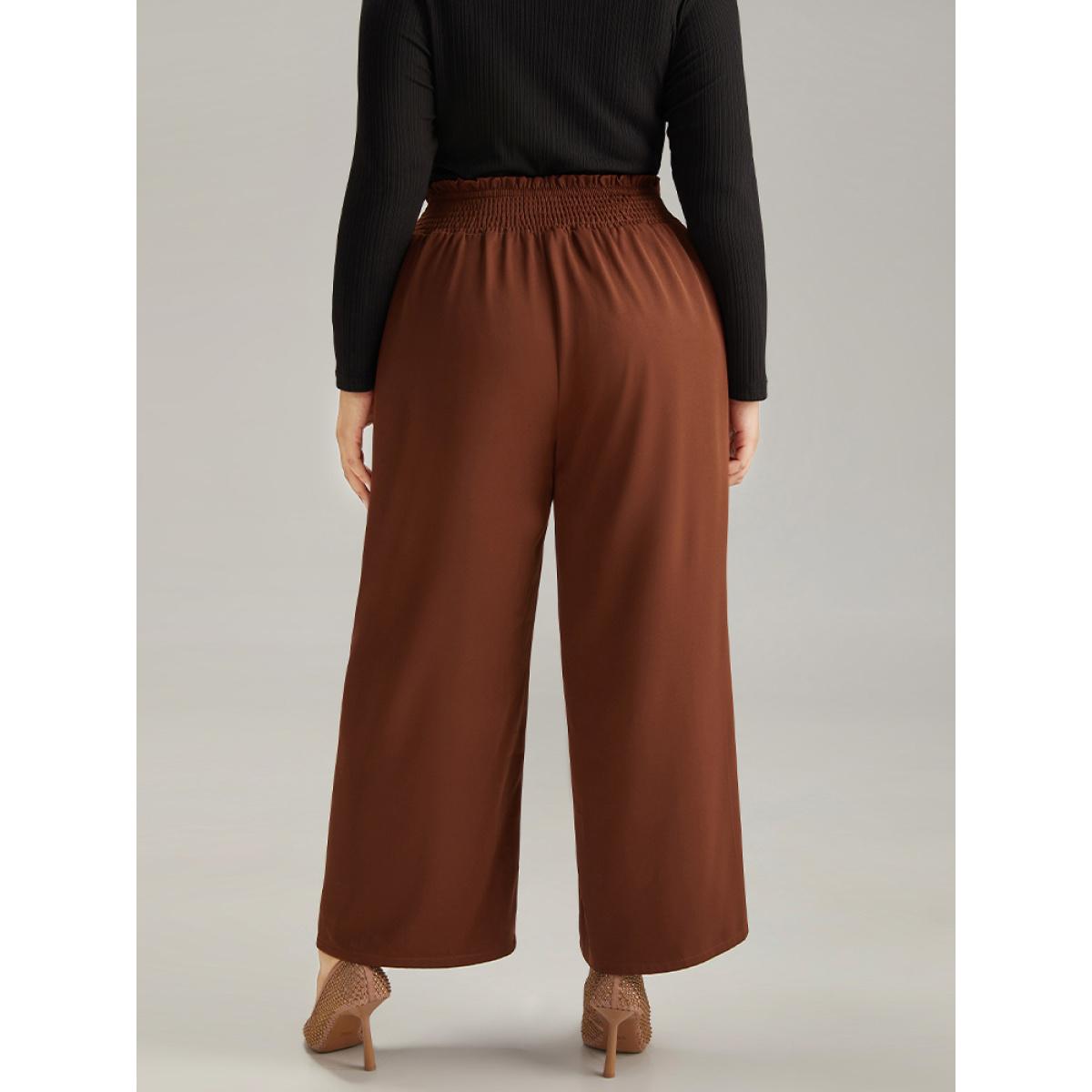 Plus Size Paperbag Waist Button Detail Shirred Pants Women Rust Office Wide Leg High Rise Work Pants BloomChic 10/M Product Image