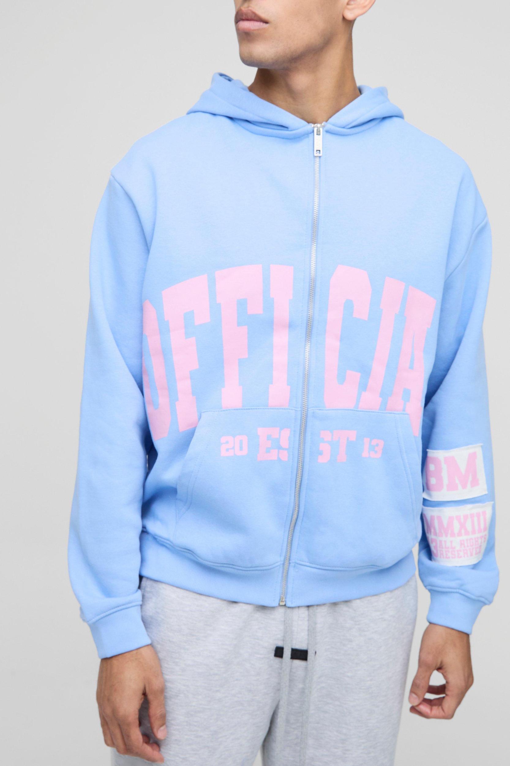 Oversized Official Raw Edge Applique Badge Zip Through Hoodie | boohooMAN USA Product Image