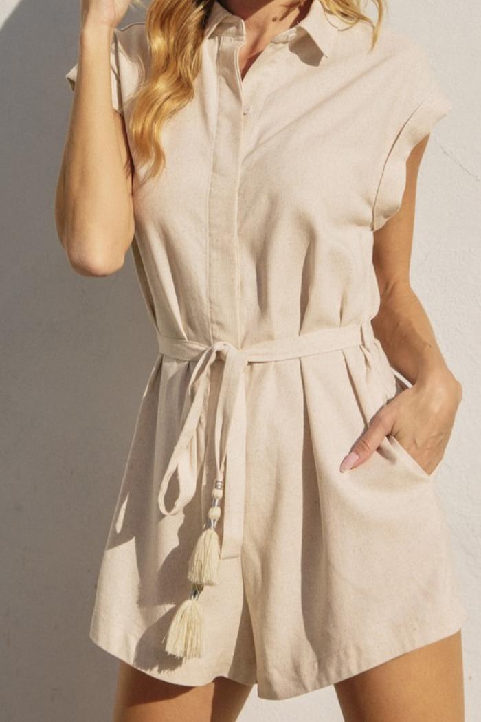 Button Down Tassle Belted Romper Product Image