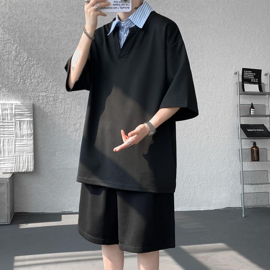 Set: Short Sleeve Collared Striped Mock Two Piece Top + Elastic Waist Plain Sweat Shorts Product Image