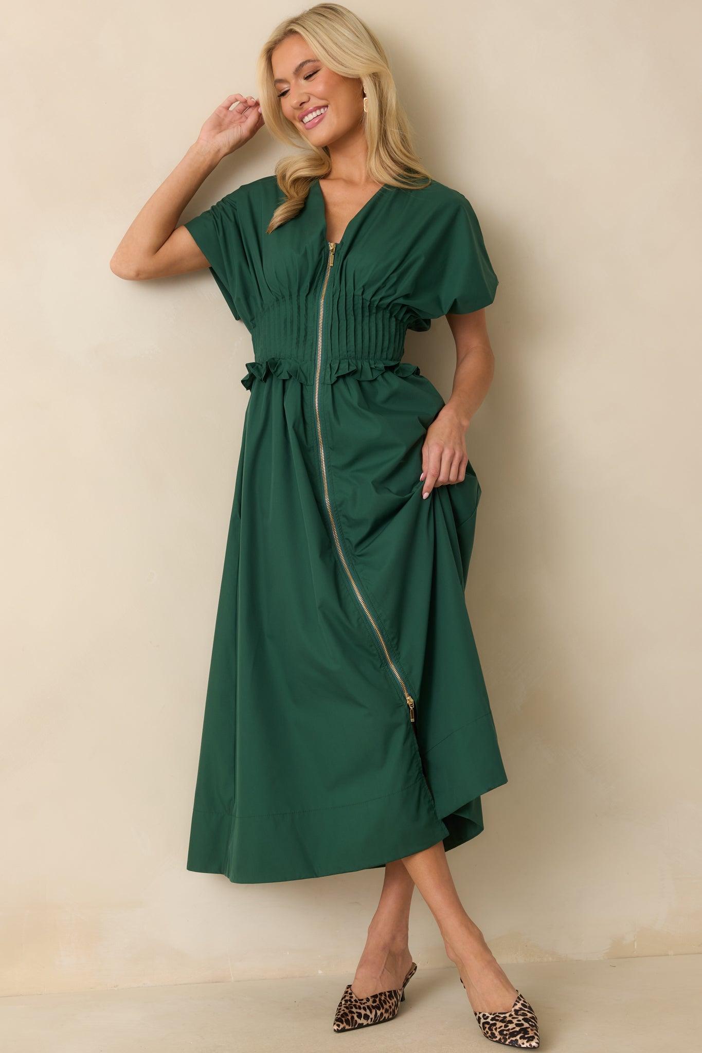 Let It Be Easy Green Smocked Waist Zip Maxi Dress L / Green Product Image