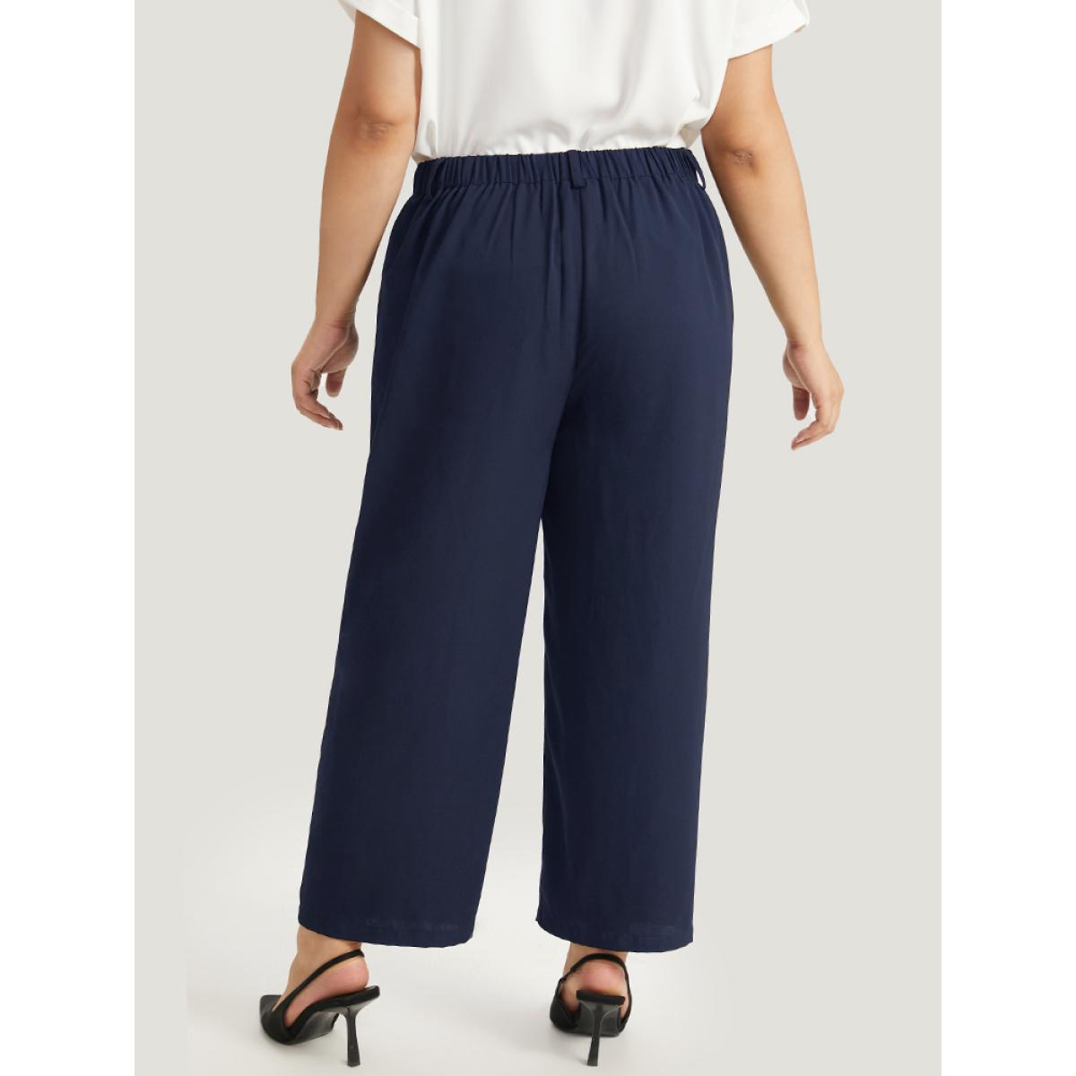 Plus Size Plain Pocket Elastic Waist High Rise Pants Women Indigo Office Straight Leg High Rise Work Pants BloomChic 12/L Product Image