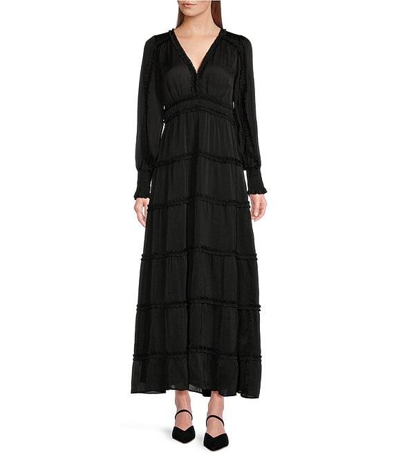 Chelsea & Violet Plisse Satin Ruffle Deep V-Neck Long Smocked Cuff Sleeve Tiered Maxi Dress Product Image