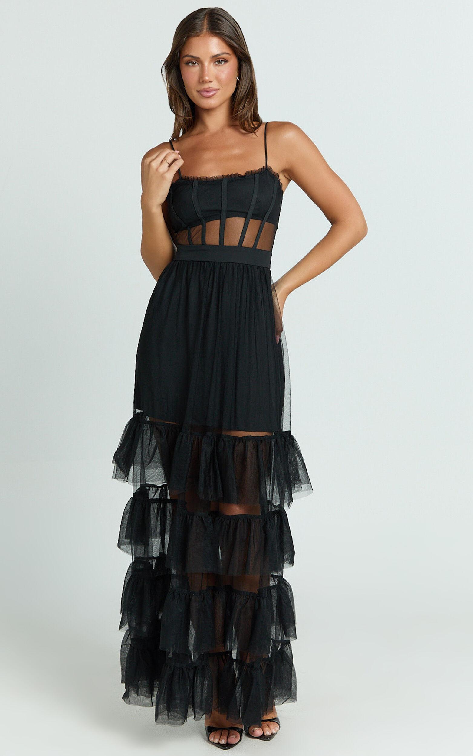 Evelynn Midi Dress - Sweetheart Corset Bodice Fit & Flare Tiered in Black Product Image