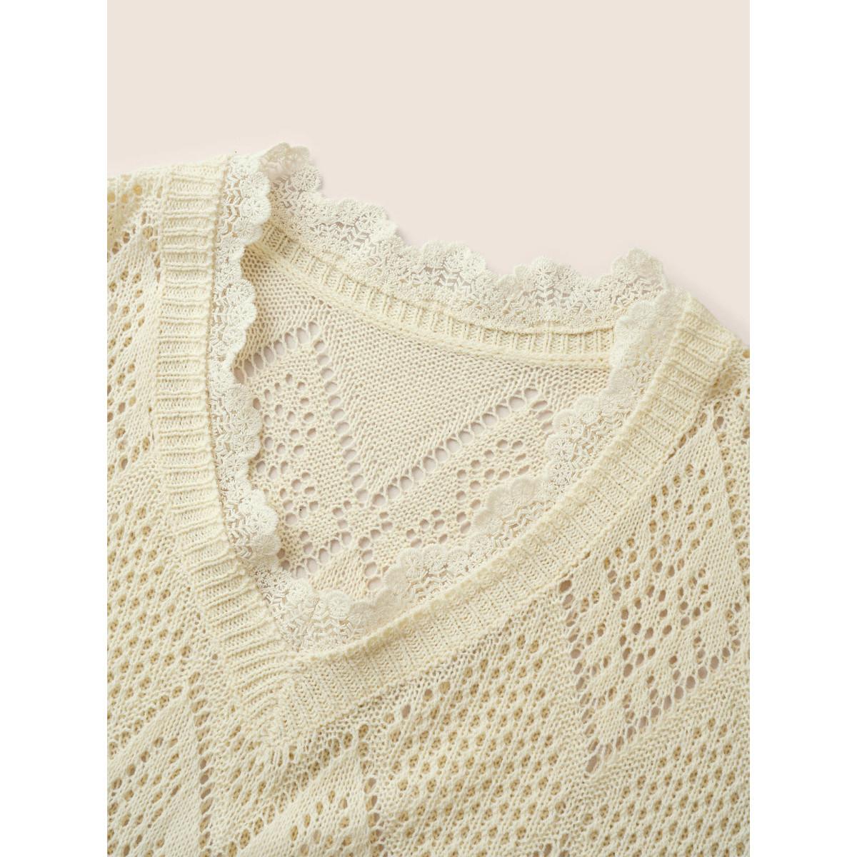 Plus Size Geometric Hollow Out Mesh Lace Panel Pullover Apricot Women Elegant Long Sleeve V-neck Everyday Pullovers BloomChic 10/M Product Image