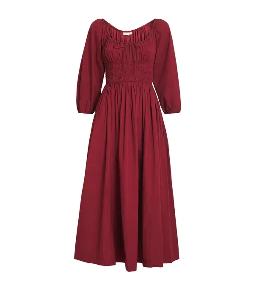 DOEN Quintessa Tie-detailed Shirred Organic Cotton-poplin Midi Dress In Burgundy Product Image