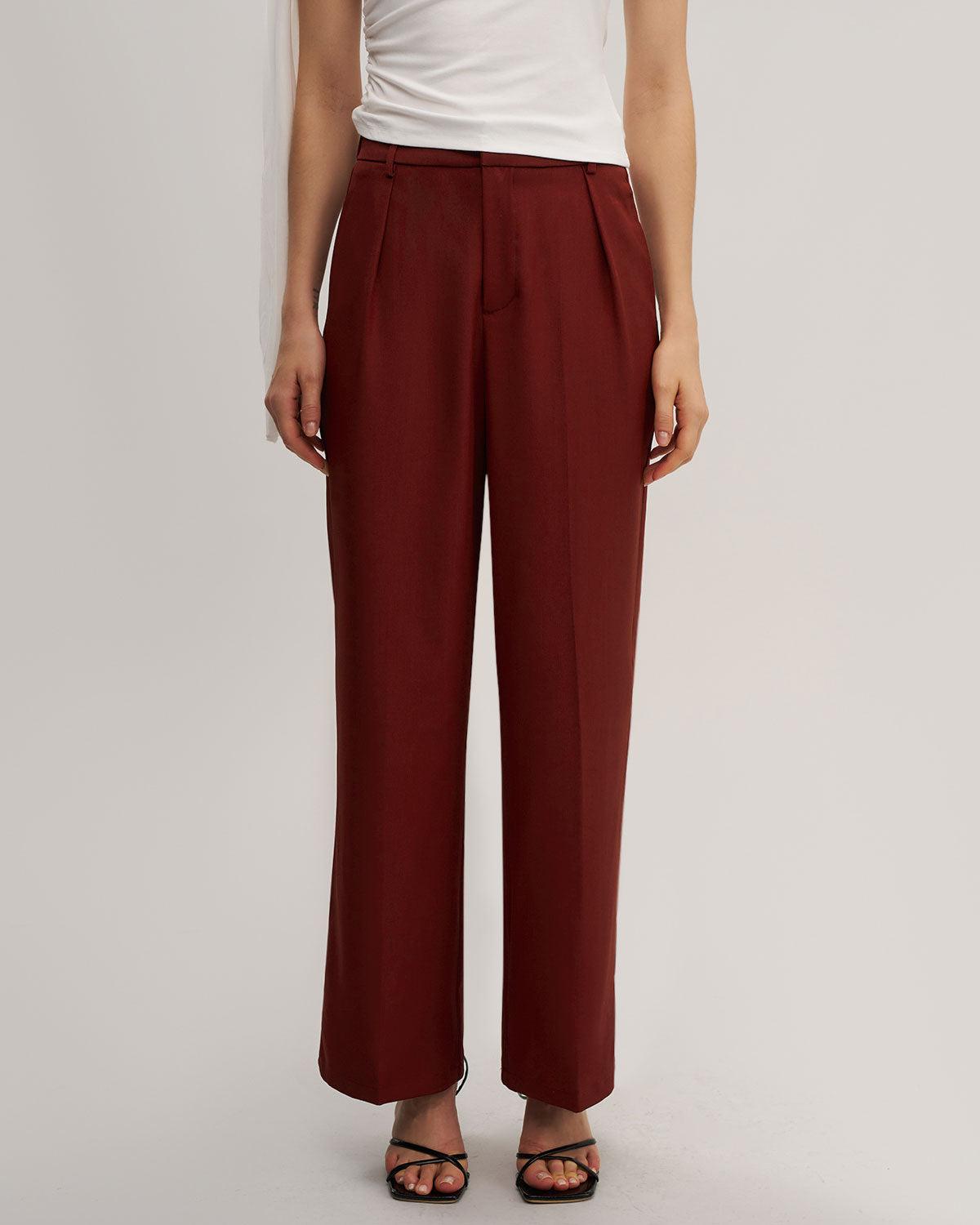 Red Elastic Waist Straight Pants Product Image