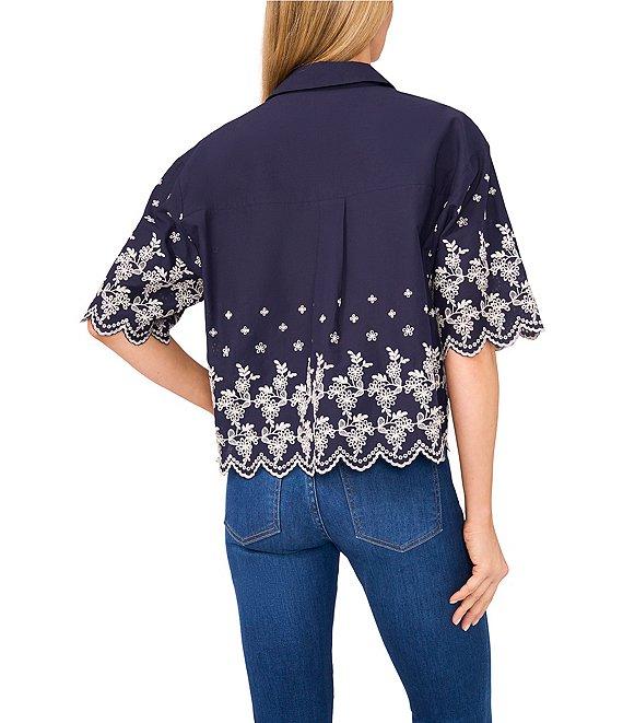 CeCe Woven Collared V-Neck Short Sleeve Floral Embroidered Button Down Shirt Product Image