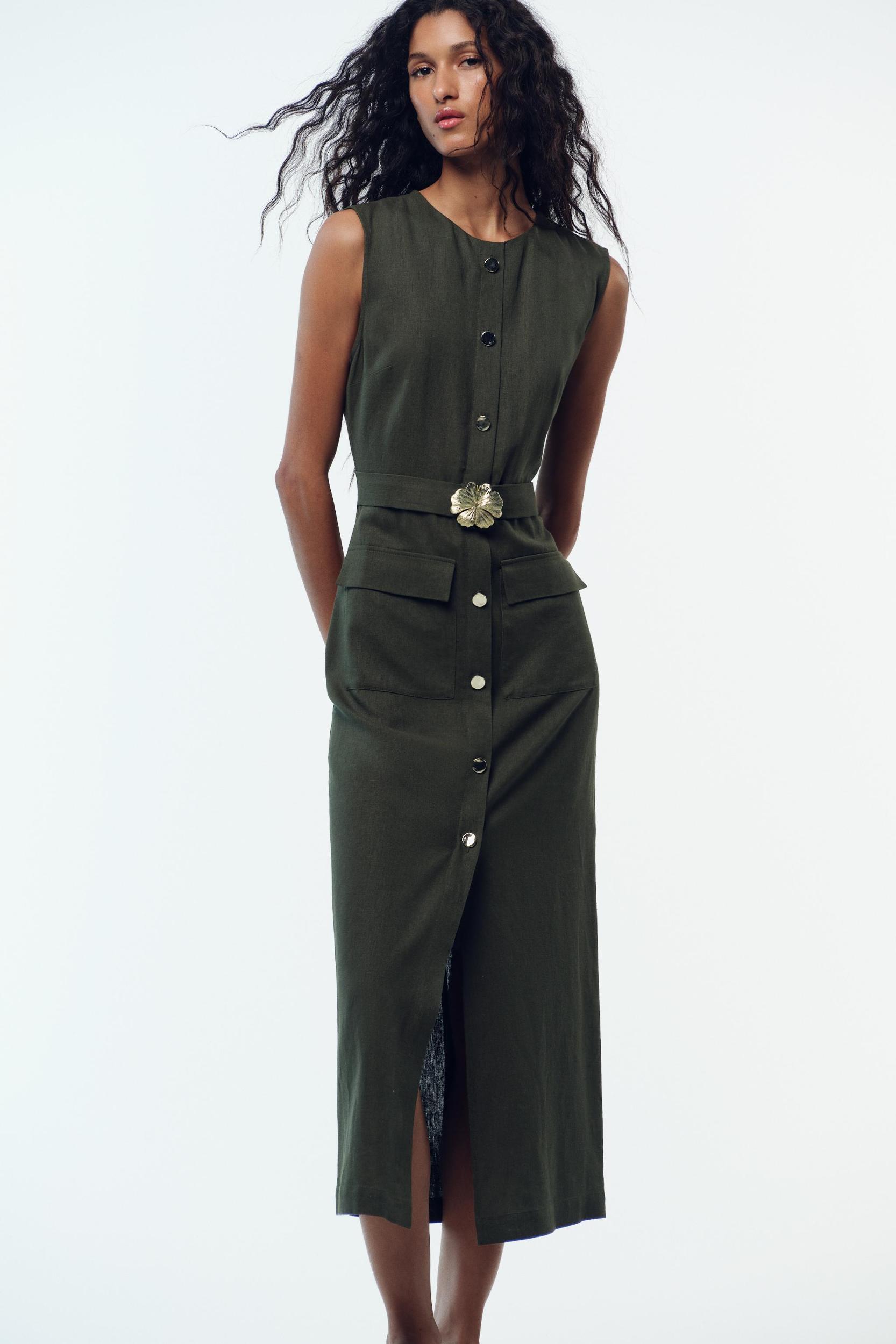 LINEN BELTED MIDI DRESS Product Image