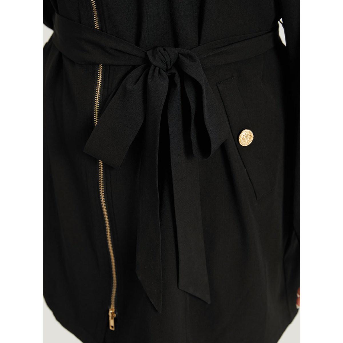 Plus Size Solid Belted Button Detail Zipper Pocket Coat Women Black Plain Pocket Belt Dailywear Jackets BloomChic 14-16/1X Product Image