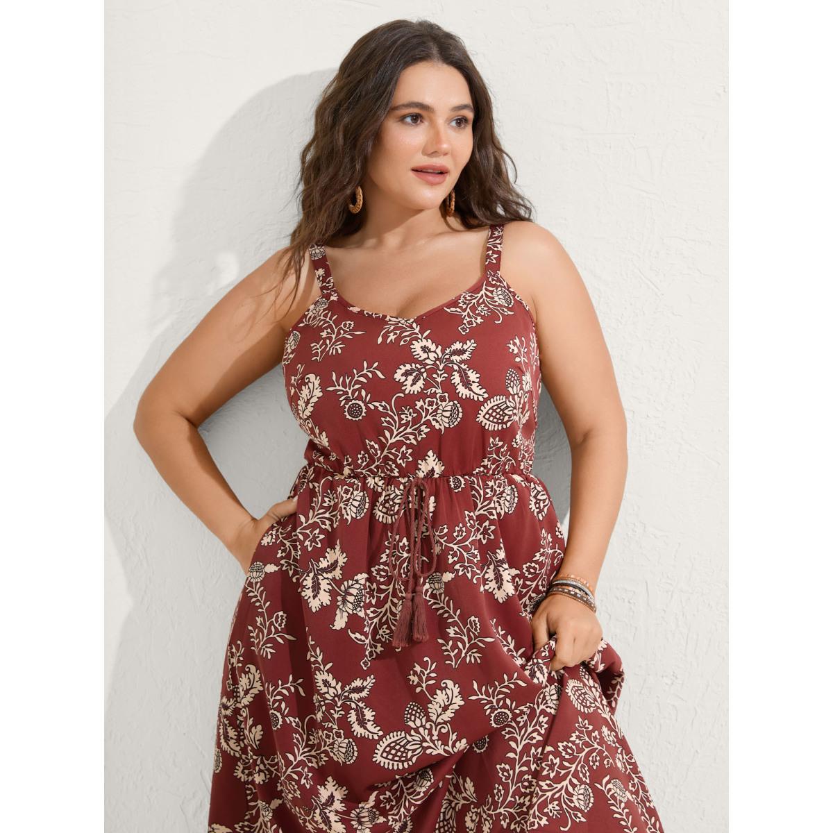 Plus Size Floral Waist-Tie Pockets Midi Dress Rust Women Boho Heart neckline Sleeveless Curvy BloomChic 26/4X Product Image