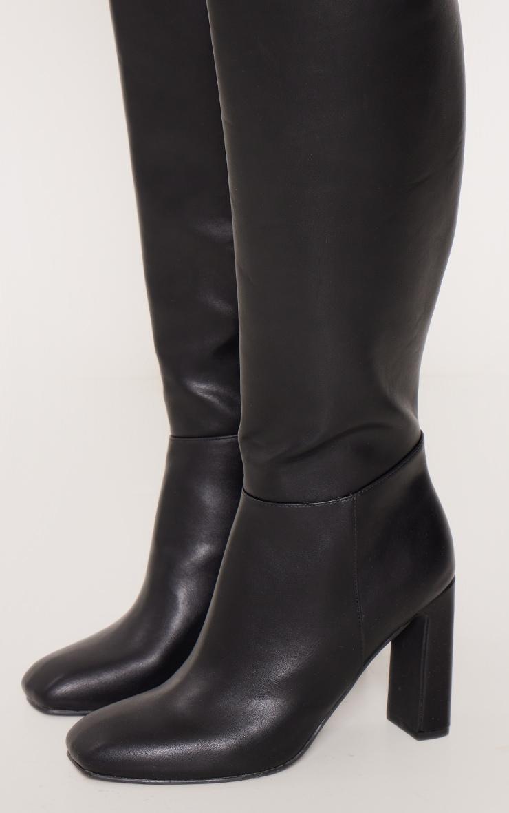 Black PU Square Toe Knee High Zip Block High Heel Boots Product Image