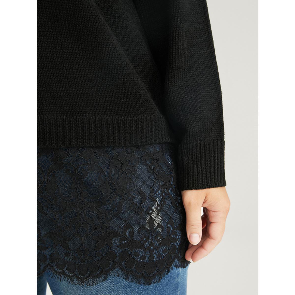 Plus Size Solid Pointelle Knit V Neck Lace Hem Knit Top Black Women Casual Long Sleeve V-neck Dailywear Pullovers BloomChic 14-16/1X Product Image