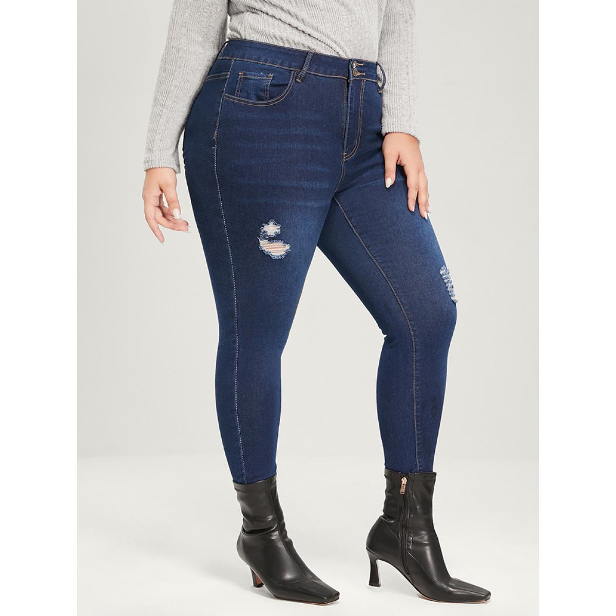 Plus Size Skinny Extremely Stretchy High Rise Dark Wash Distressed Jeans Women Blue Casual Plain Distressed High stretch Pocket Jeans BloomChic 24/3X Product Image