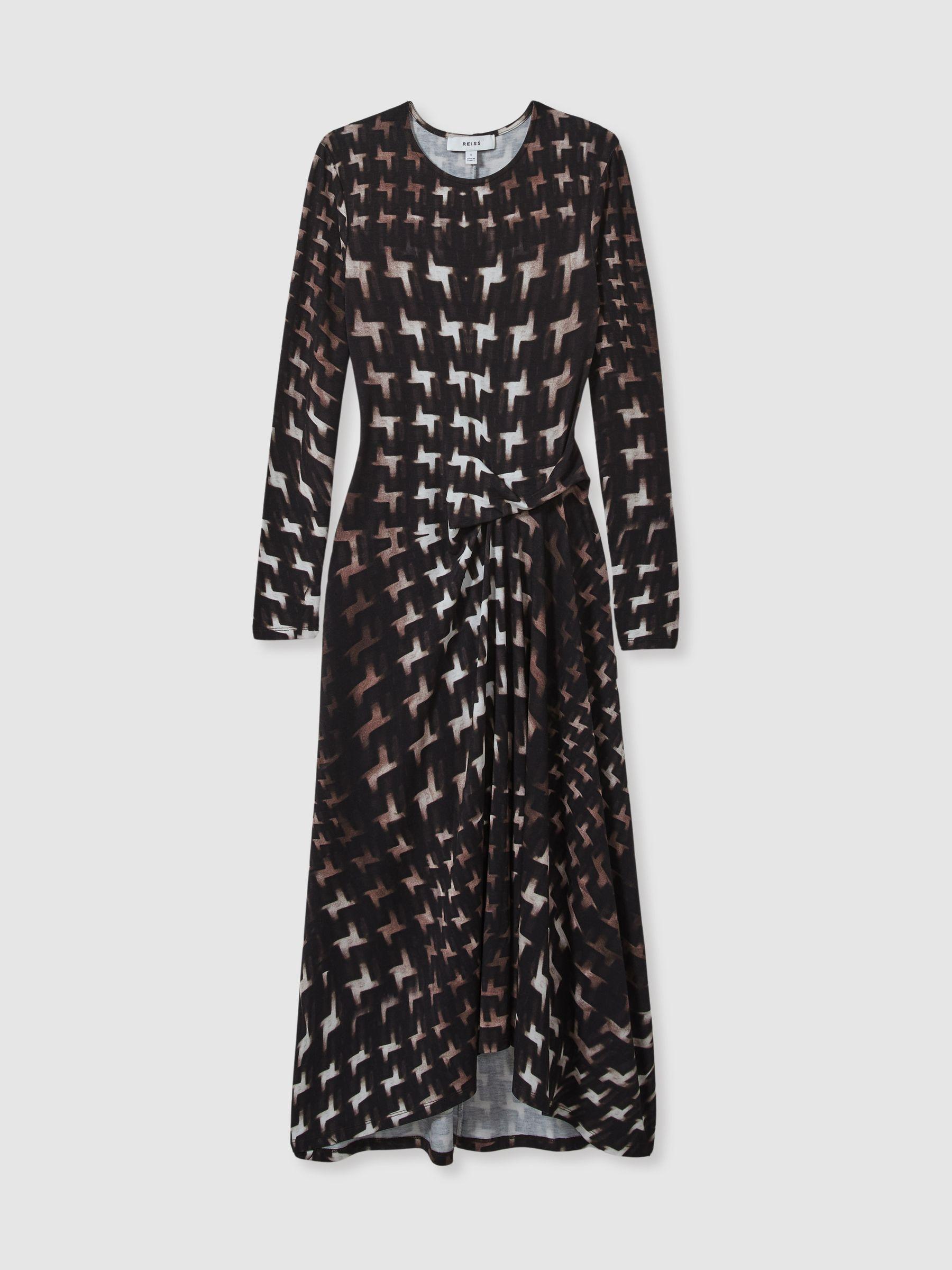 Houndstooth-Print Ruched Midi Dress in Black Product Image