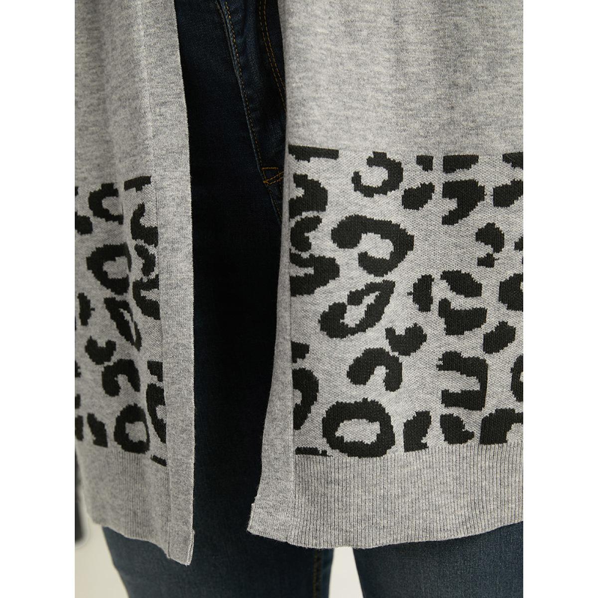 Plus Size Supersoft Essentials Leopard Contrast Elastic Cuffs Pullover DarkGray Women Casual Loose Long Sleeve Dailywear Cardigans BloomChic 28/5X Product Image