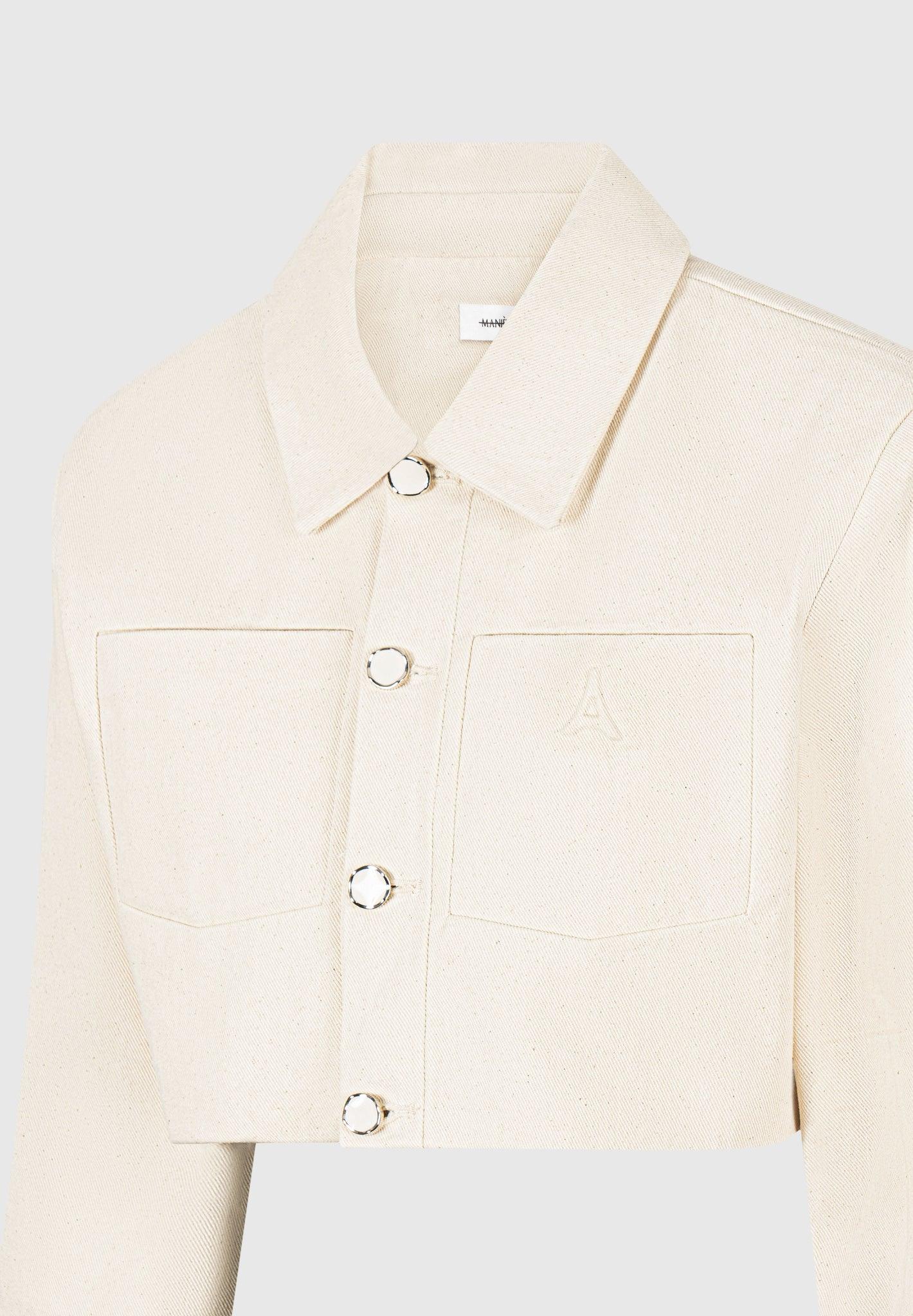 Wide Shoulder Cropped Denim Jacket - Cream Female Product Image