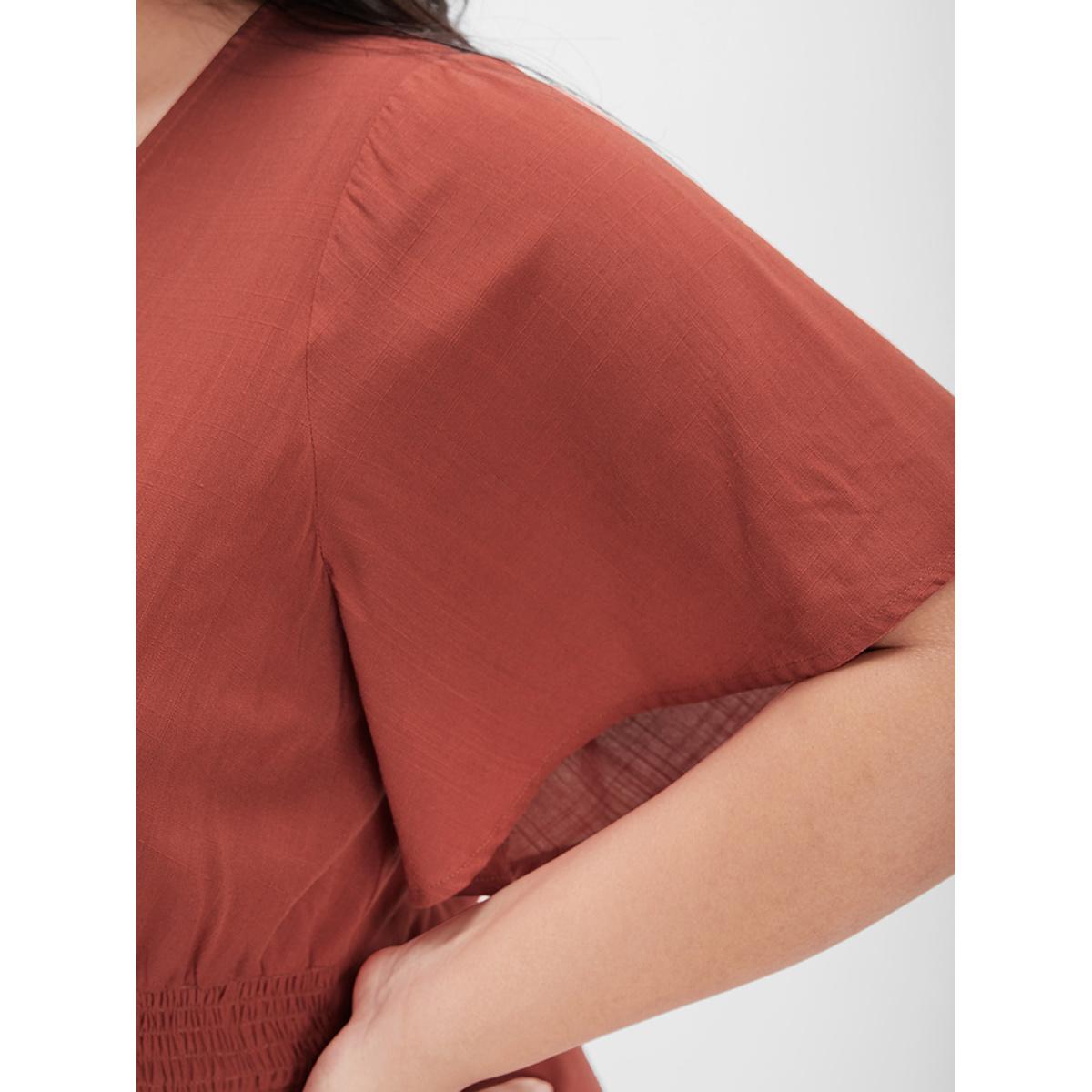 Plus Size OrangeRed Plain Ruffles Ties Shirred Crochet Lace Blouse Women Elegant Short sleeve V-neck Dailywear Blouses BloomChic 10/M Product Image