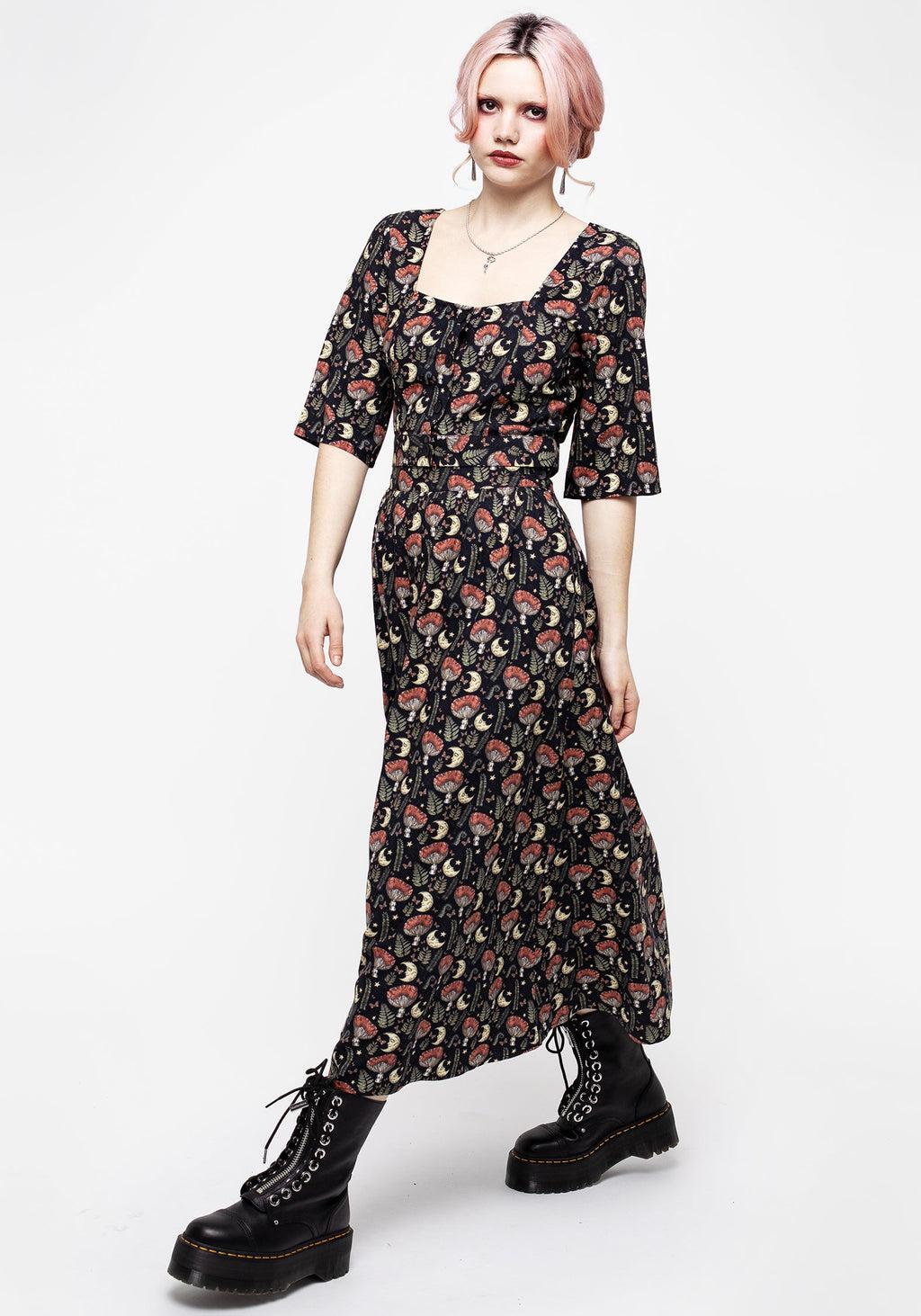 Dreamfast Mushroom Moon Print Button Up Midaxi Skirt Product Image