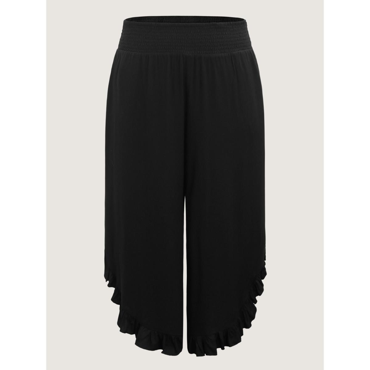 Plus Size Ruffled Curvy Hem Wide-Leg Pants Women Black Boho Wide Leg Mid Rise Vacation Pants BloomChic 12/L Product Image