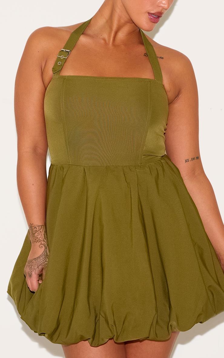 Plus Khaki Buckle Detail Halterneck Puffball Mini Dress Product Image