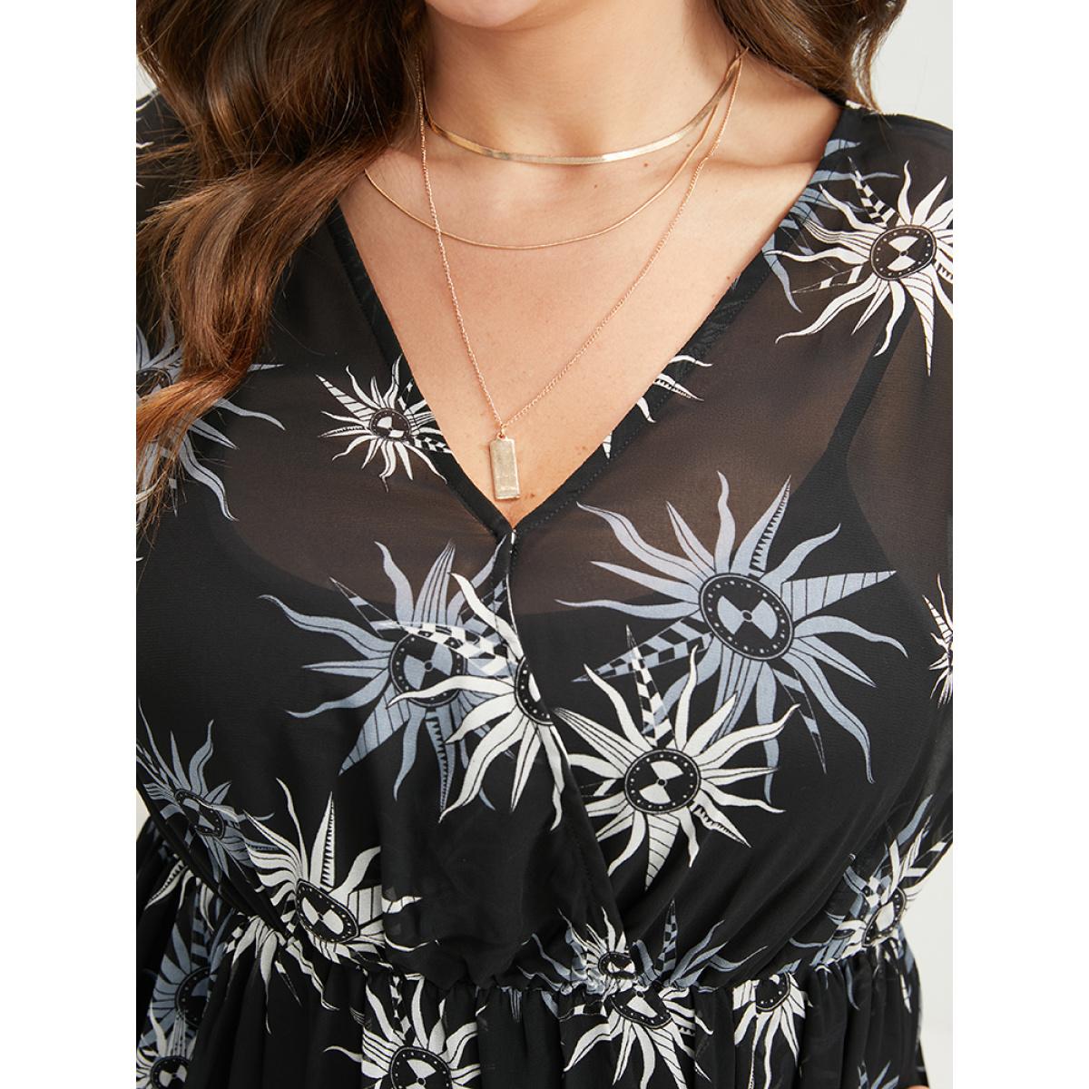 Plus Size Halloween Sun Print Bell Sleeve Mesh Split Dress Black Women Party Gathered V-neck Long Sleeve Curvy Midi Dress BloomChic 14-16/1X Product Image