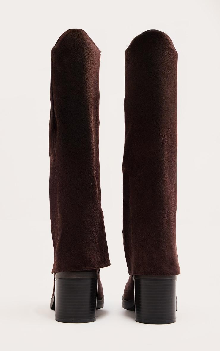 Chocolate Faux Suede Round Toe Fold Over Low Block Heel Boots Product Image