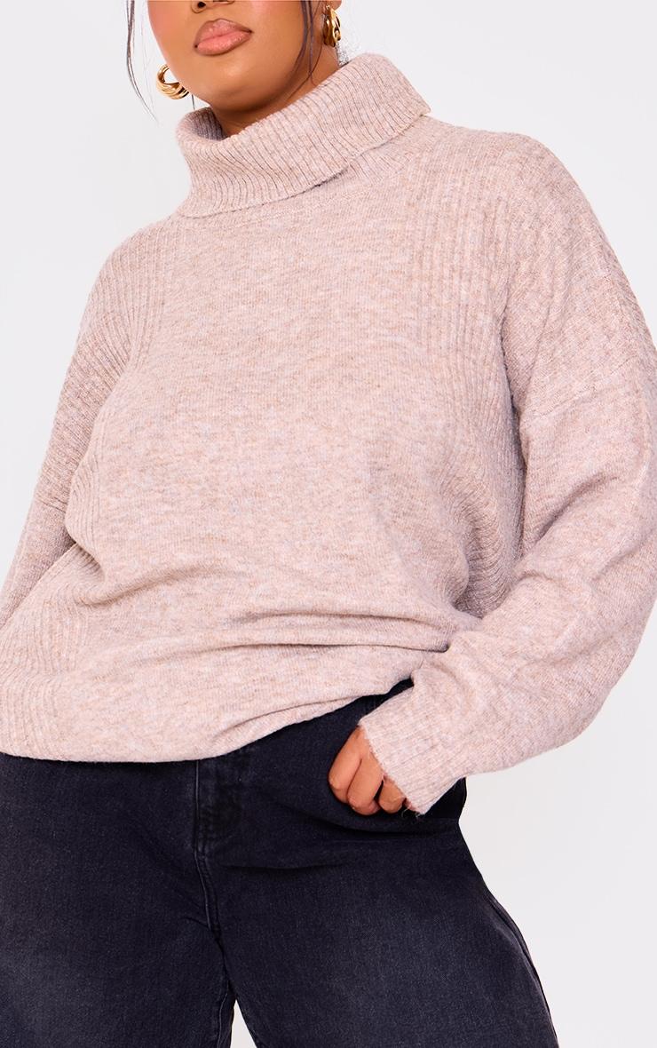 Plus Oatmeal Knitted Slouchy Roll Neck Sweater Product Image