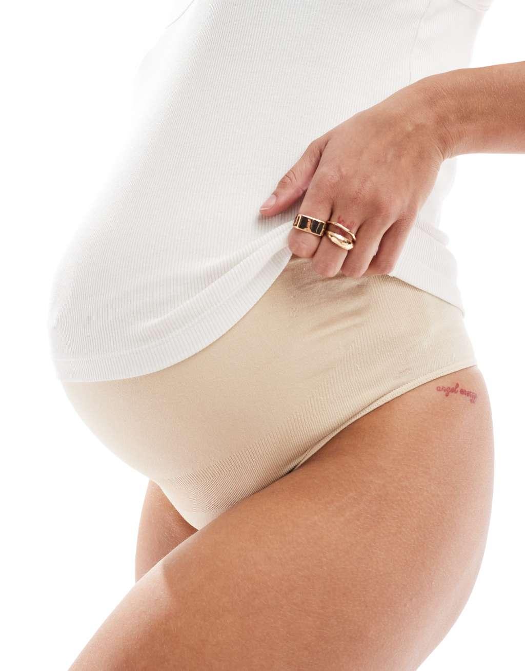 Mamalicious Maternity 2 pack over the bump thong in white and beige Product Image