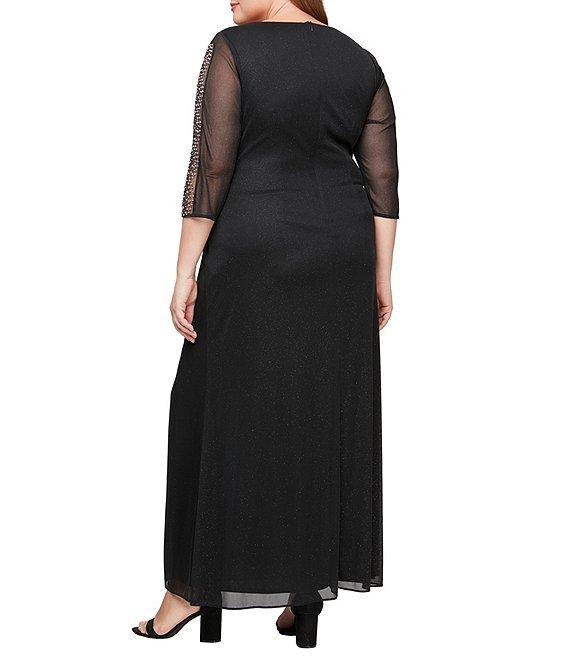 Ignite Evenings Plus Size 3/4 Sleeve Boat Neck Glitter Dress Product Image