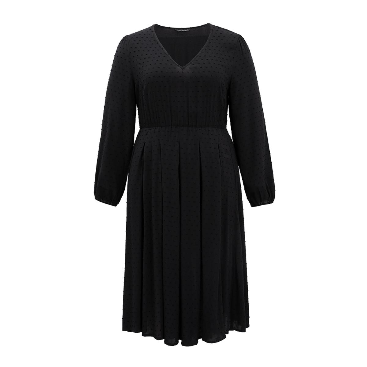Plus Size Static-Free Solid Lantern Sleeve Pleated Dress Black Women Elegant Elastic cuffs Round Neck Long Sleeve Curvy Midi Dress BloomChic 18-20/2X Product Image