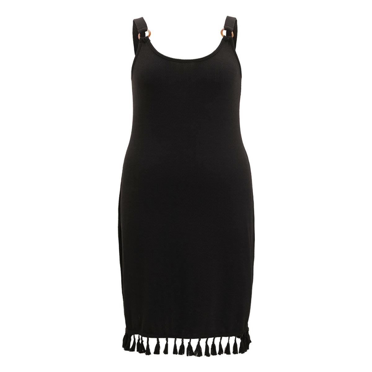 Plus Size Plain Tassel Trim Adjustable Straps Cami Dress Black Women Glamour Adjustable Straps Spaghetti Strap Sleeveless Curvy Midi Dress BloomChic 14-16/1X Product Image