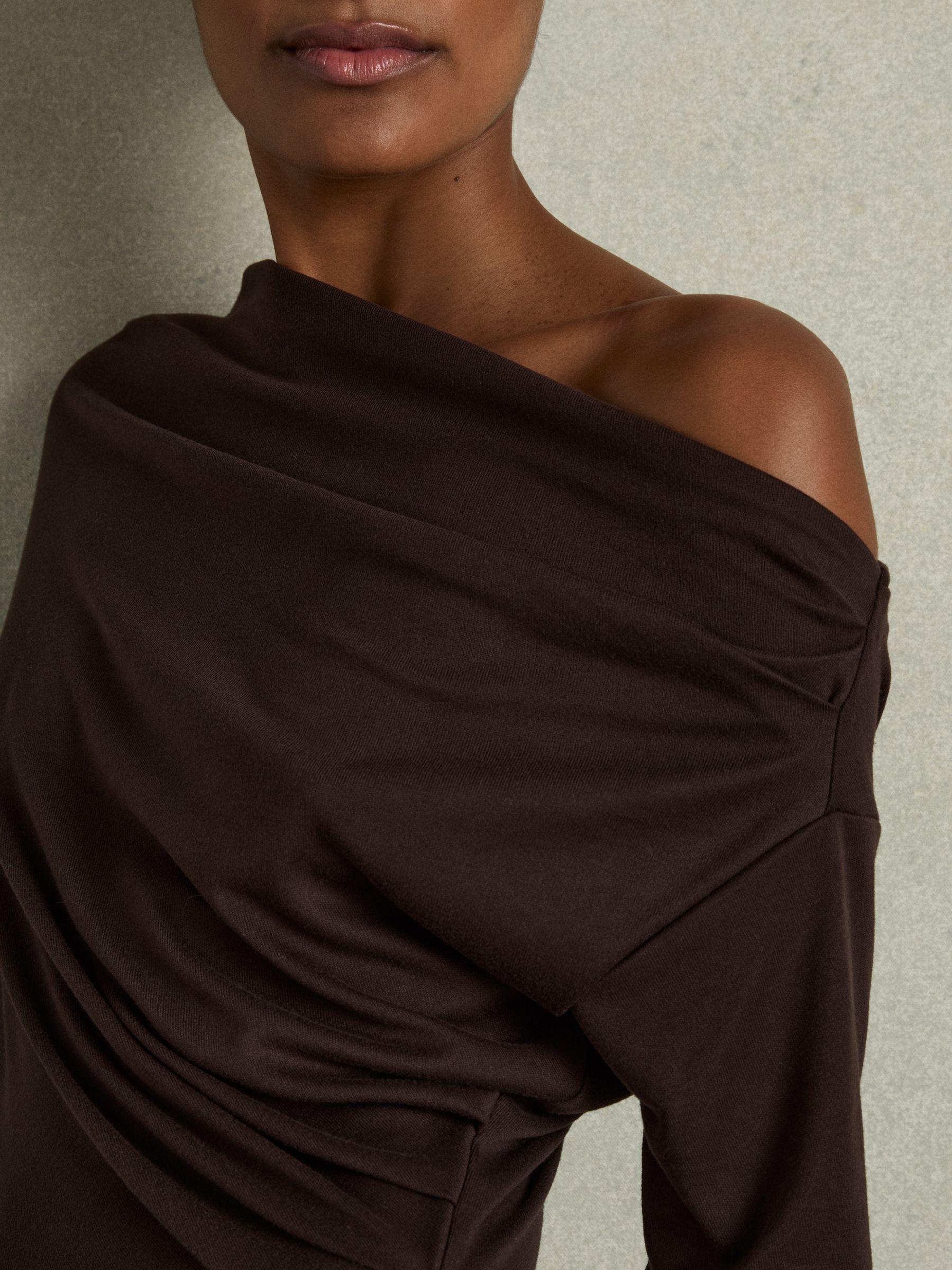 Off-The-Shoulder Ruched Jersey Midi Dress in Brown Product Image