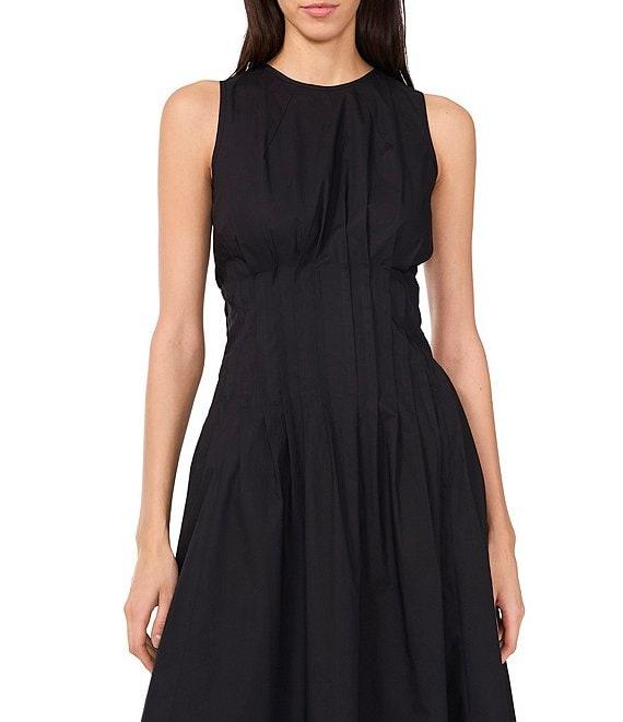 1. STATE Poplin Crew Neckline Sleeveless Pintuck Midi Fit And Flare Midi Dress Product Image